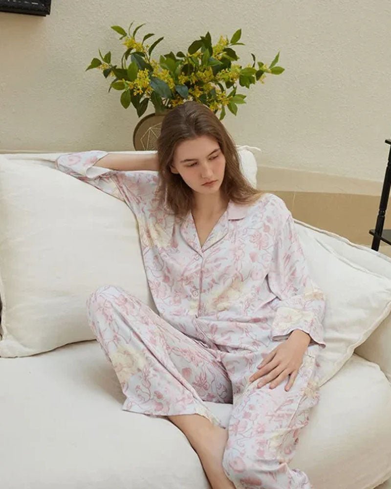 Rayon Satin Floral Print Lapel Pajamas