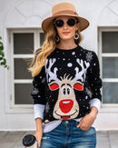 Red reindeer jacquard knit sweater made of polyester - thick breathable fabric, dropped shoulders for laid-back luxury, ideal for frosty mornings
