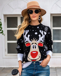 Red reindeer jacquard knit sweater made of polyester - thick breathable fabric, dropped shoulders for laid-back luxury, ideal for frosty mornings