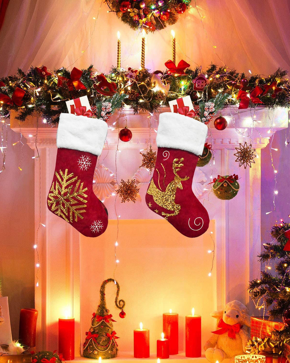 "Red Snowflake Reindeer Christmas Stockings - Velvet-Embroidered Polyester Stockings with Gold Sequin Needlepoint Motifs"
