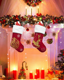 "Red Snowflake Reindeer Christmas Stockings - Velvet-Embroidered Polyester Stockings with Gold Sequin Needlepoint Motifs"
