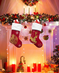 "Red Snowflake Reindeer Christmas Stockings - Velvet-Embroidered Polyester Stockings with Gold Sequin Needlepoint Motifs"
