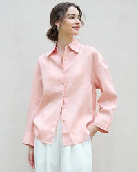 Women's linen blouse - vintage loose fit, long sleeves, single-breasted turn-down collar, high-street style perfect for spring/autumn commutes, brunch dates or casual chic outings.
