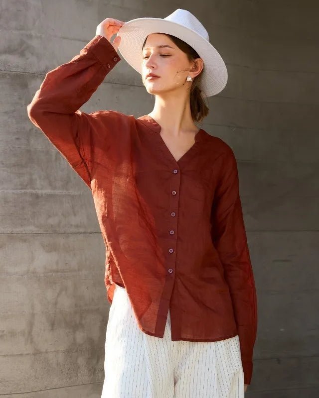 Retro V-Neck Sun Protection Long-Sleeved Shirt