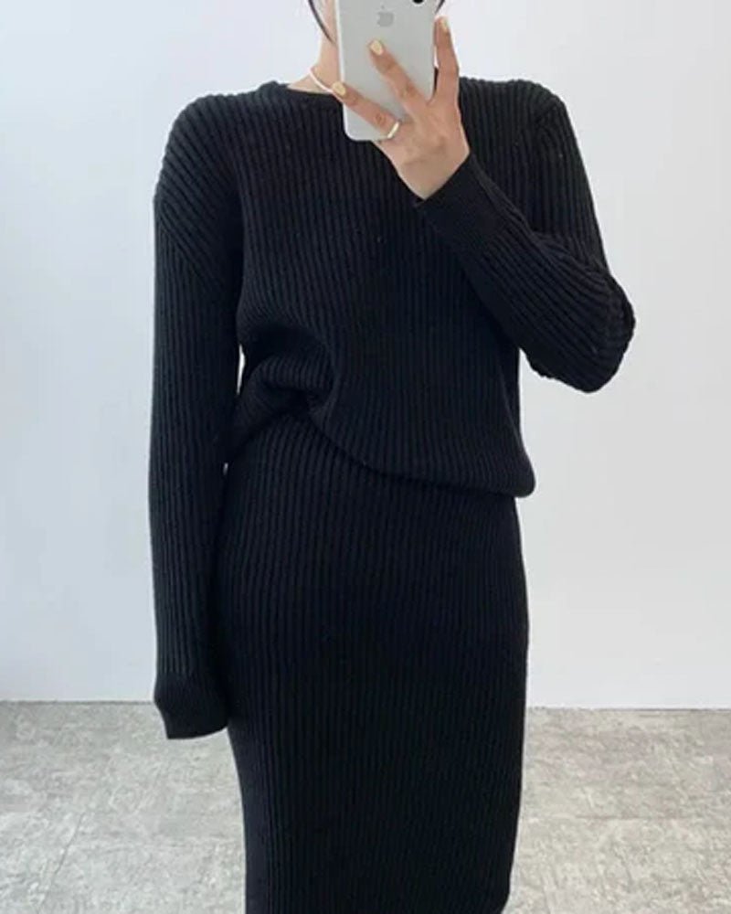 Ribbed Knited Round-Neck Sweater & Midi Skirt Set