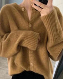 Cashmere short cardigan, round neckline, button-front, ribbed cuffs, heather taupe—luxury lightweight layer for spring-to-fall outfits.