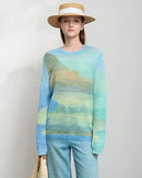 Women's loose fit green color block knit cardigan, long sleeve O-neck soft knitwear with mixed polyamide polyester acrylic wool material, slight elasticity, versatile casual top for everyday wear.