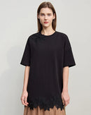 Women's Spring T-shirt featuring O-neck, drop shoulder short sleeves and delicate lace patchwork design, loose cotton top perfect for casual everyday wear and warm weather style.