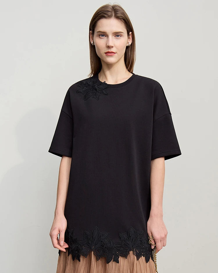 Round Neck Drop Shoulder Lace Long T-Shirt