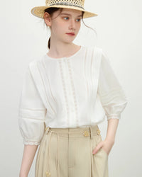 Women’s elegant white lace shirt with round O-neck and charming lantern sleeves—crafted from a soft blend of polyester, viscose, and elastane with slight stretch, featuring a slim fit that flatters the silhouette, perfect for semi-formal events, office occasions, or dressy casual outings year-round.