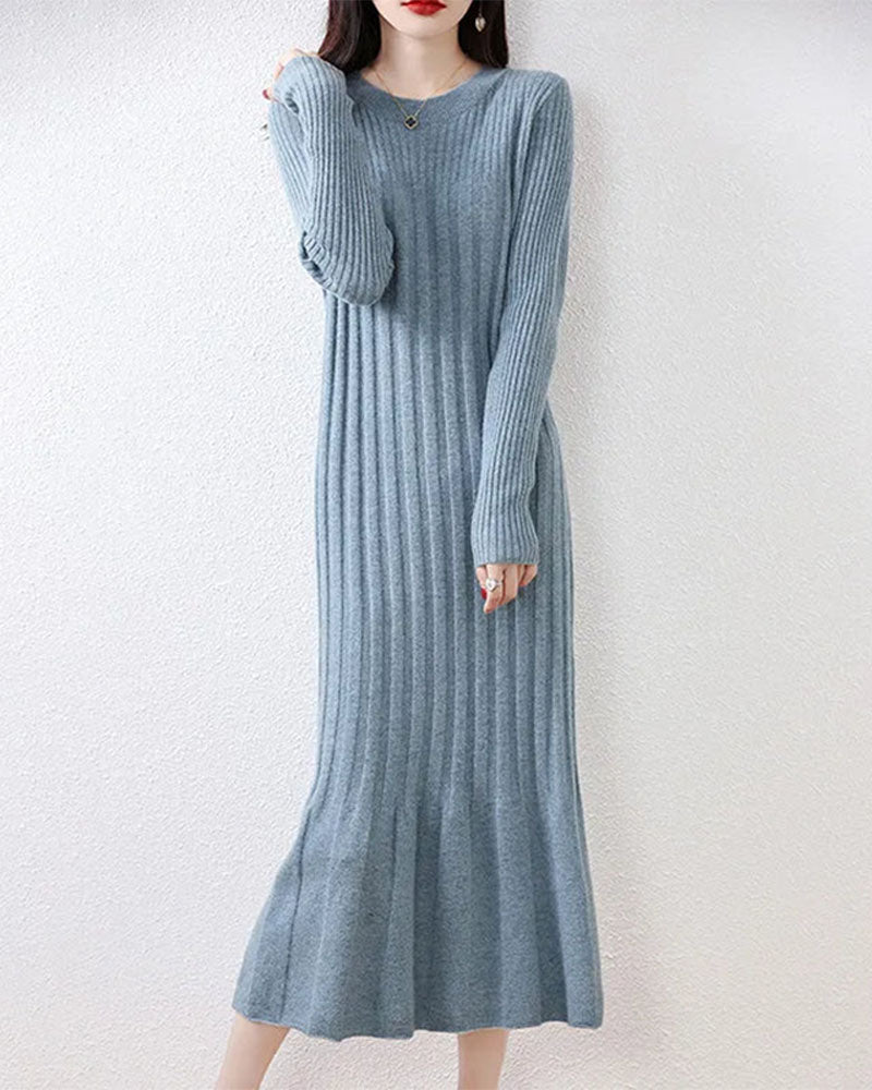 Round-Neck Long Sleeves Wool Dress