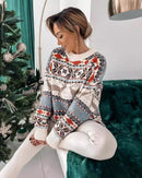  Round Neck Christmas Jacquard Sweater - 95% Viscose 5% Elastane with Silk-Like Drape for Casual & Gallery Outings