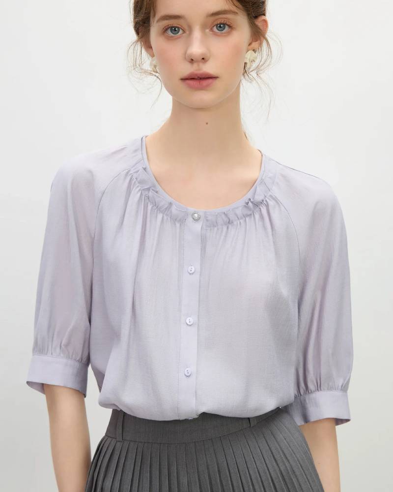 Ruffle Round Neck Linen-Blend Blouse