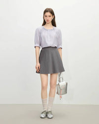 Ruffle Round Neck Linen-Blend Blouse