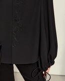 Chiffon Embroidered V-Neck Lantern Sleeve Blouse