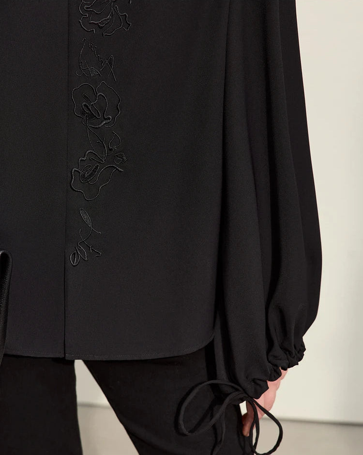 Chiffon Embroidered V-Neck Lantern Sleeve Blouse