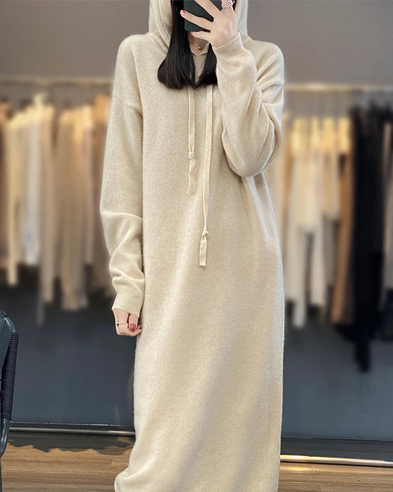 Drawstring Hooded Wool Dress