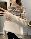 Ethnic Jacquard Mock Neck Loose Thick Knit Pullover