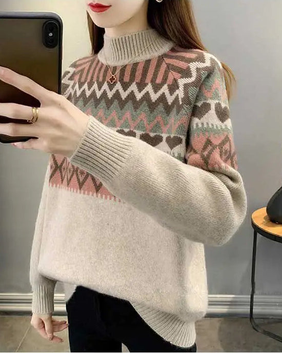 Ethnic Jacquard Mock Neck Loose Thick Knit Pullover