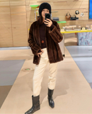 Faux Mink Fur Solid V-Neck Pocket Short Coat
