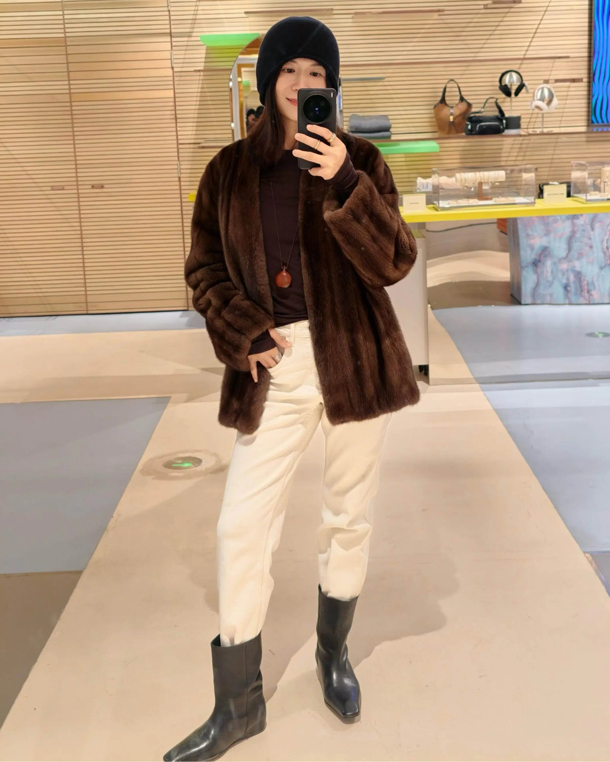 Faux Mink Fur Solid V-Neck Pocket Short Coat