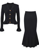 V-Neck Flare Sleeve Knit Cardigan & Mermaid Maxi Skirt Set
