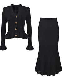 V-Neck Flare Sleeve Knit Cardigan & Mermaid Maxi Skirt Set