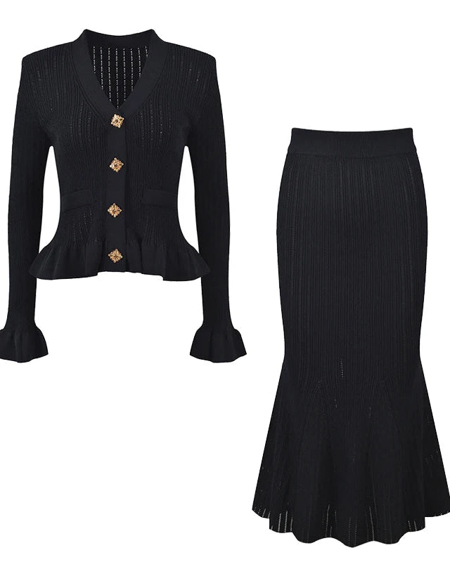 V-Neck Flare Sleeve Knit Cardigan & Mermaid Maxi Skirt Set
