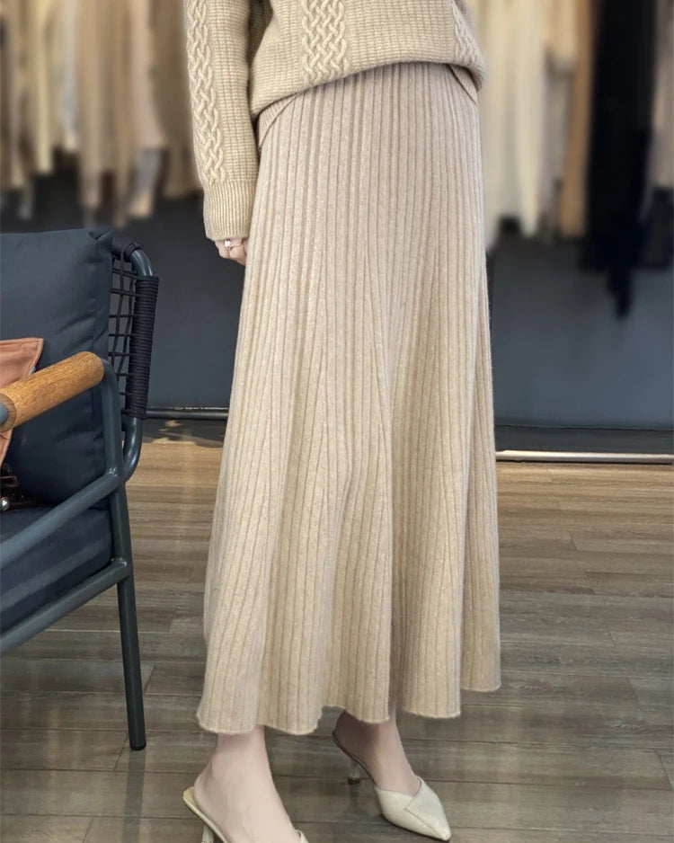 Merino Wool Pleated A-Line Maxi Skirt
