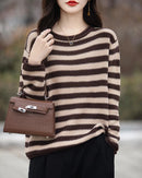 Cotton O-Neck Curled Colourful Stripe Loose Pullover Sweater