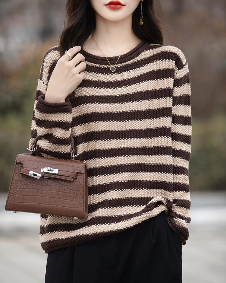 Cotton O-Neck Curled Colourful Stripe Loose Pullover Sweater