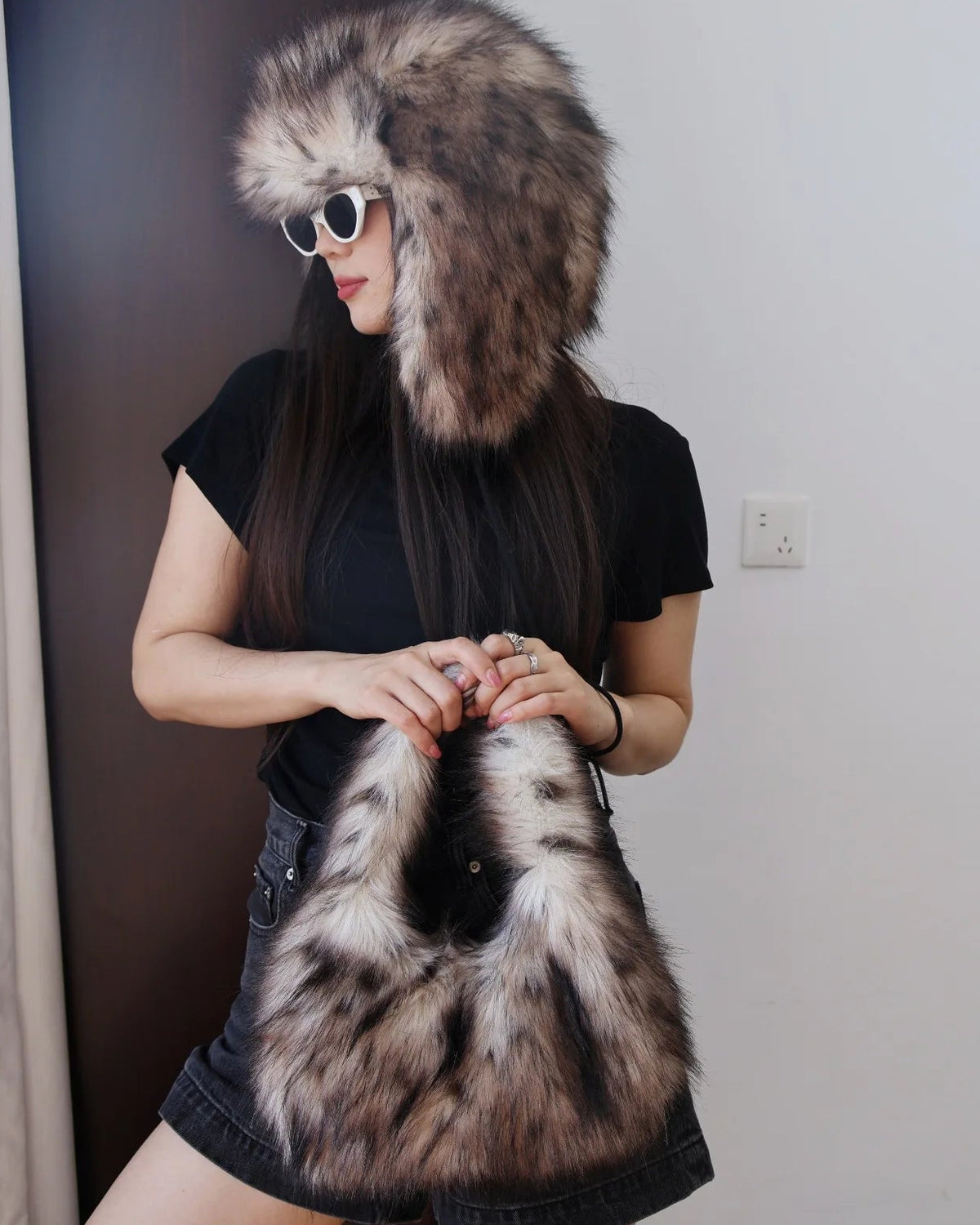 Leopard Faux Fur Baguette Shoulder Bag