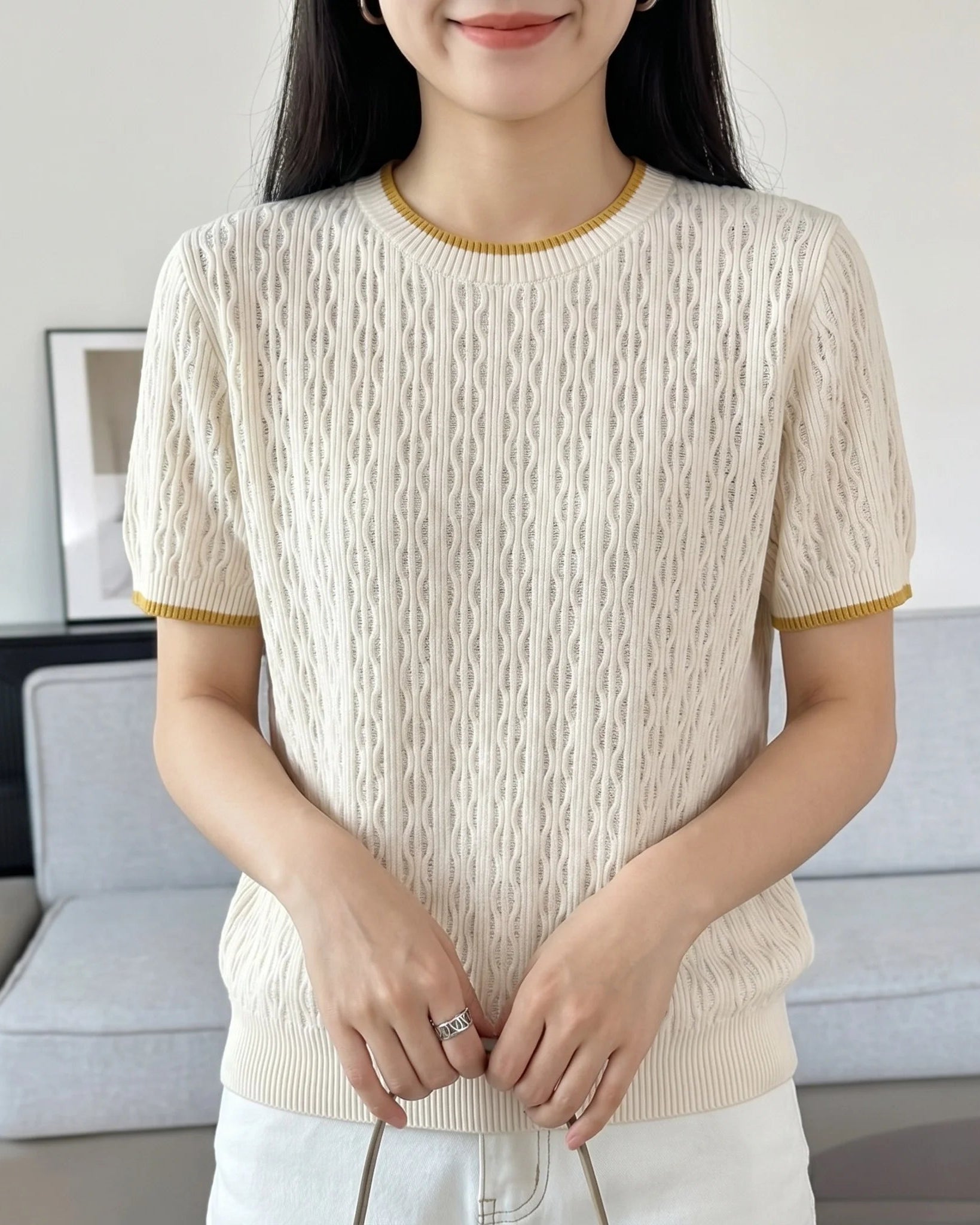 Hollow Knit Cotton Short Sleeve Top