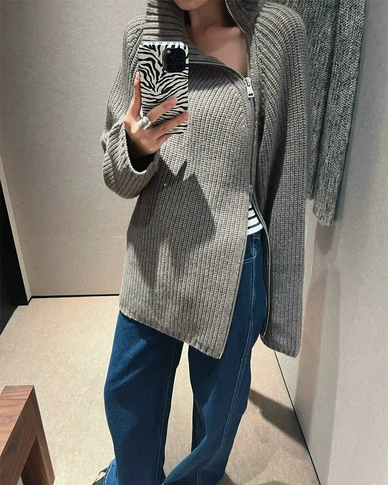 Oversized Irregular Zipper High Neck Cashmere Sweater