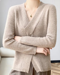 Wool V-Neck Crossover Pullover Sweater