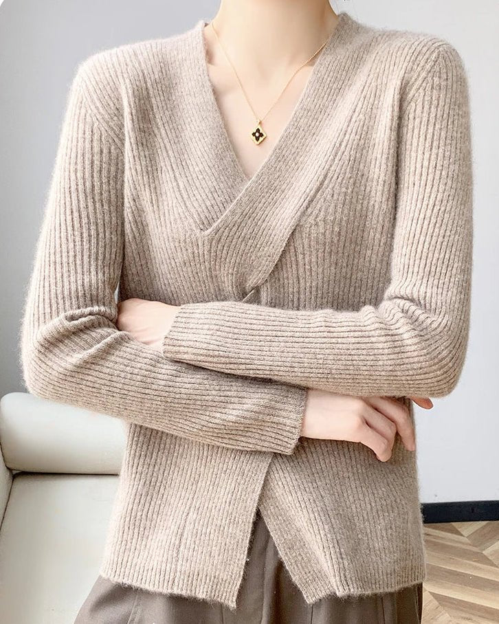 Wool V-Neck Crossover Pullover Sweater