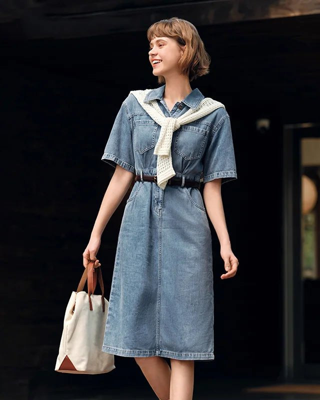 Waist-tightening High-end Long Denim Dress