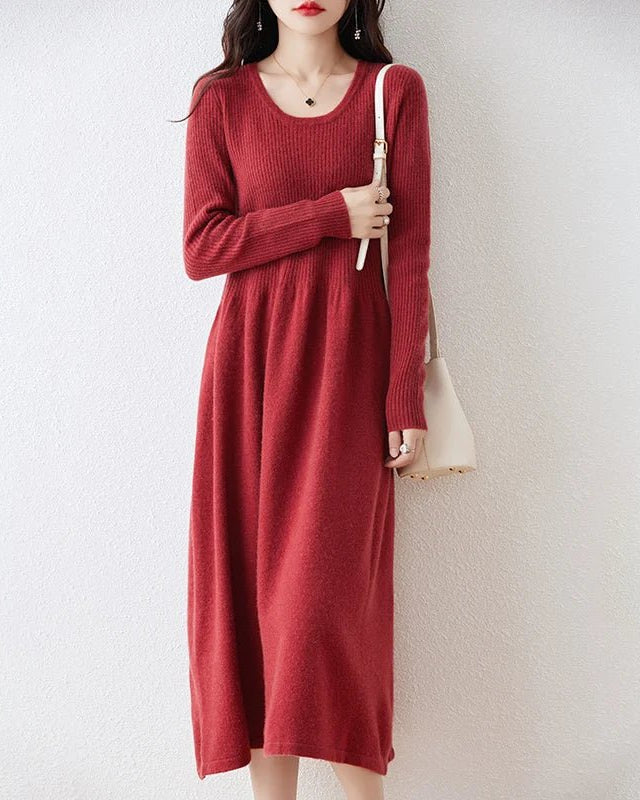 Round Neck Long Sleeves Wool Knitted Dress