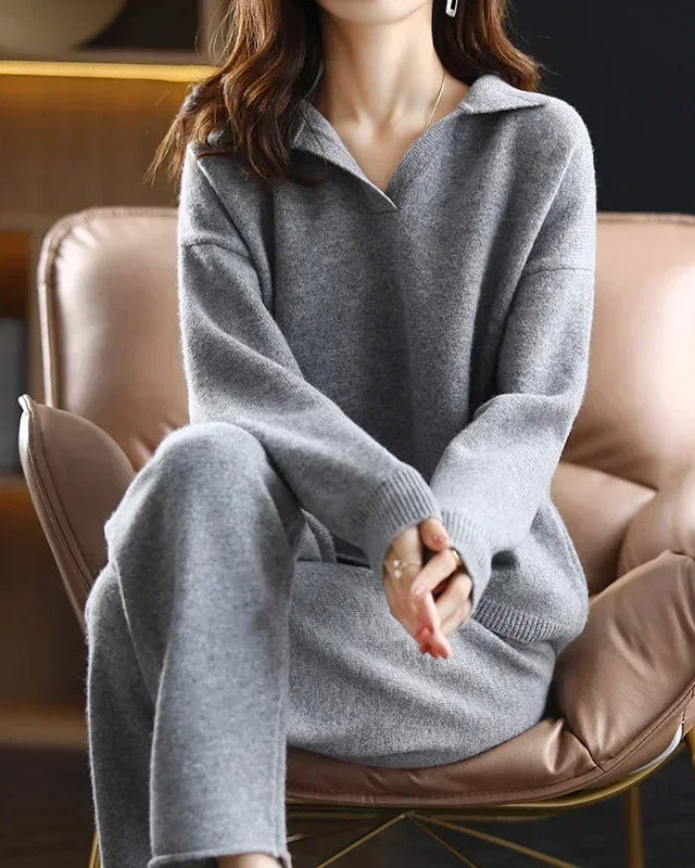 Wool Cashmere Lapel Sweater & High-Waist Pencil Trousers Set