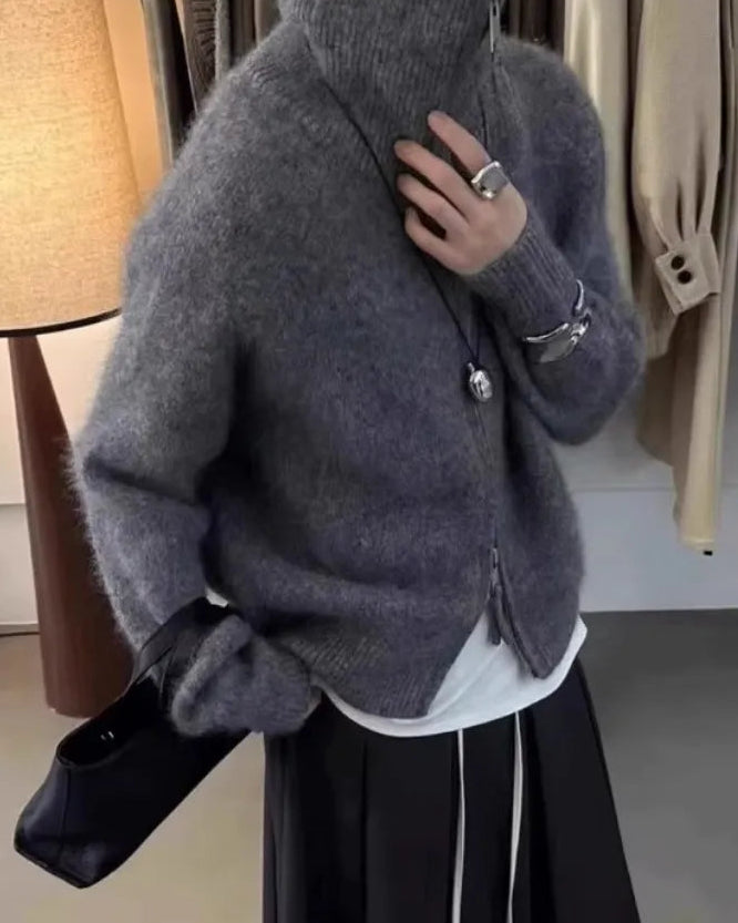 100% Wool Turtleneck Double-Zip Loose Cardigan