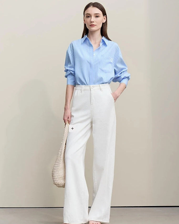 Loose-Fitting Casual Striped Embroidered Shirt