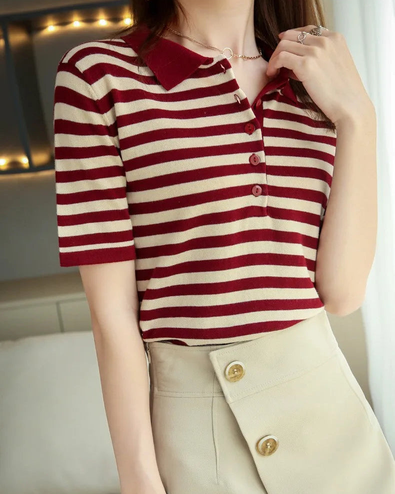 Cotton Striped Short-Sleeve Polo T-Shirt