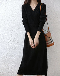 Cable-Knit Merino Wool Wrap-Look Dress