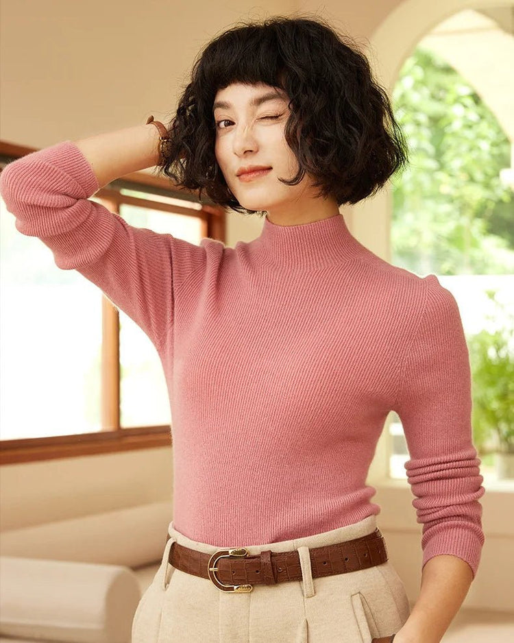 High-Neck Pullover Slim-Fit Cashmere Knit Sweater