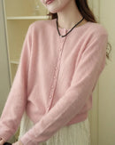 Merino Wool Solid O-Neck Brushed Slim Knit Cardigan