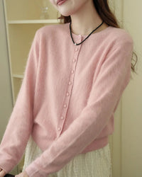 Merino Wool Solid O-Neck Brushed Slim Knit Cardigan