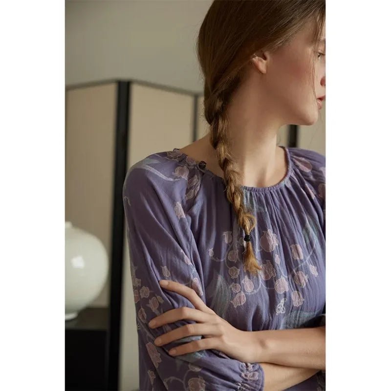 Cotton Purple Flower Print round Neck Nightdress