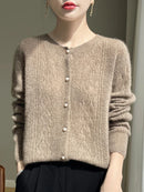Merino Wool Hollow-Out Pearl Button Cardigan