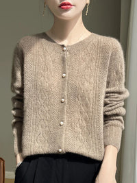 Merino Wool Hollow-Out Pearl Button Cardigan