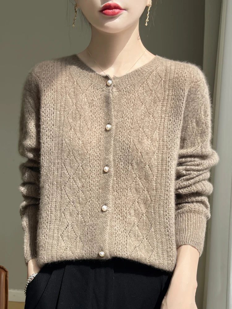 Merino Wool Hollow-Out Pearl Button Cardigan